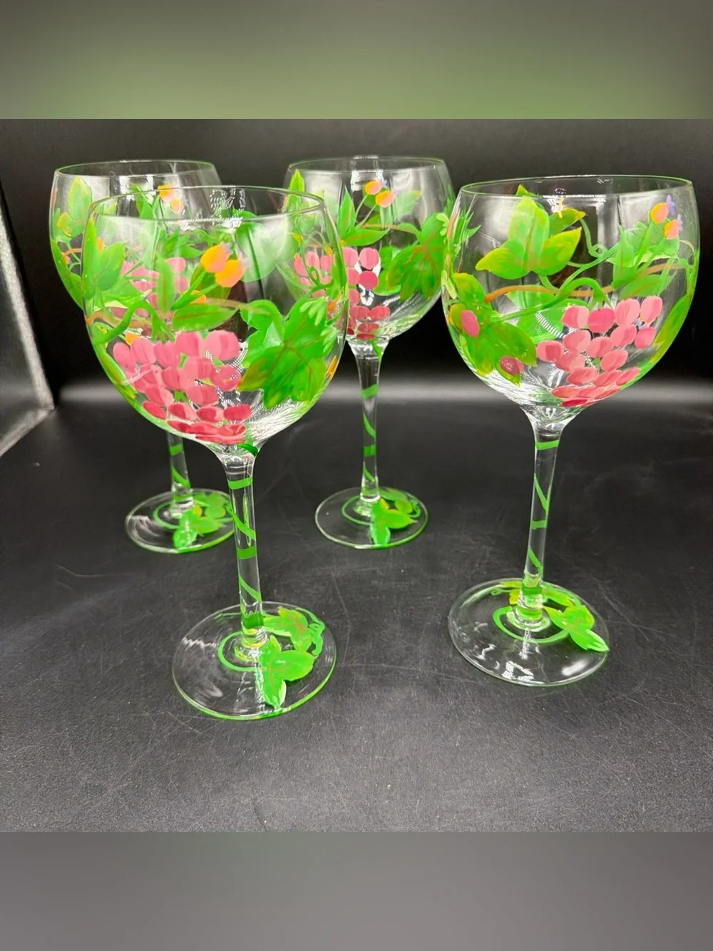 4 Block Vintage Grapes Balloon Wine Glasses Set Floral Hand Painted